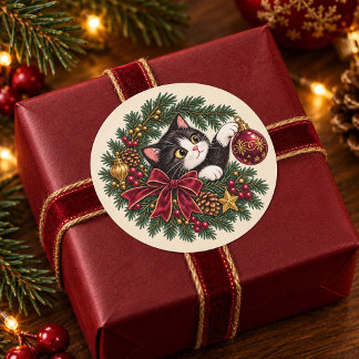 Vintage Tuxedo Cat Christmas Round Sticker