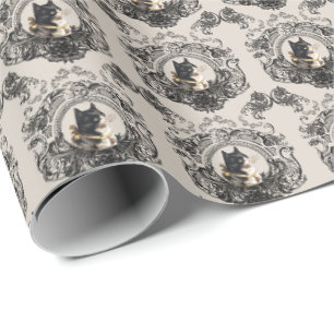 VINTAGE TUXEDO KITTEN CAT WITH BLACK FILIGREE WRAPPING PAPER