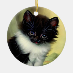 Vintage Tuxedo Kitten Illustration Ceramic Ornament
