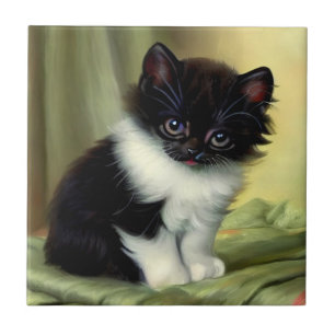 Vintage Tuxedo Kitten Illustration Ceramic Tile