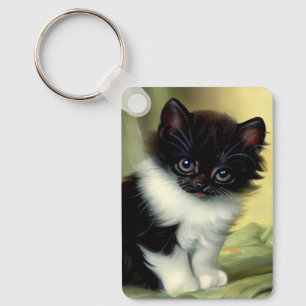 Vintage Tuxedo Kitten Illustration Key Ring