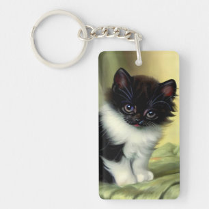 Vintage Tuxedo Kitten Illustration Key Ring