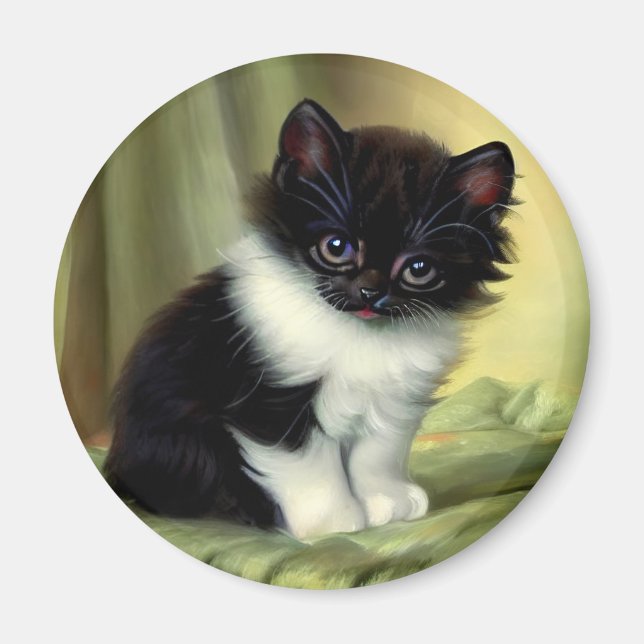 Vintage Tuxedo Kitten Illustration Magnet (Front)