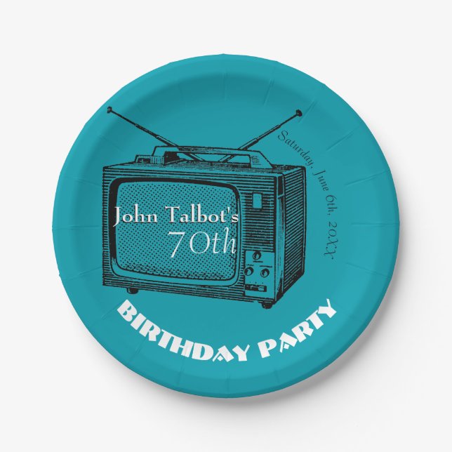 Vintage TV 70th Birthday Party Paper Plate (Front)