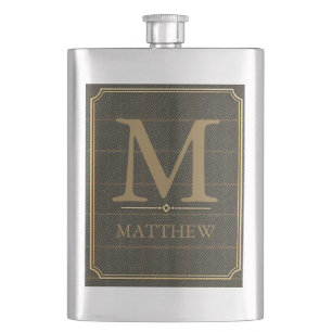 Vintage Tweed and Gold Personalised Design Hip Flask