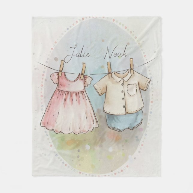 Vintage twin babies boy and girl fleece blanket (Front)