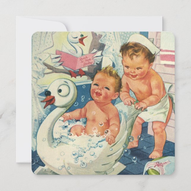 Vintage Twin Boy Swan Bubble Bath Birthday Party Invitation (Front)
