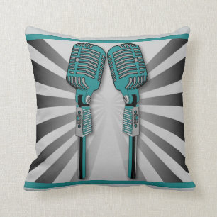 Vintage Twin Karaoke Microphones Pillow Aqua