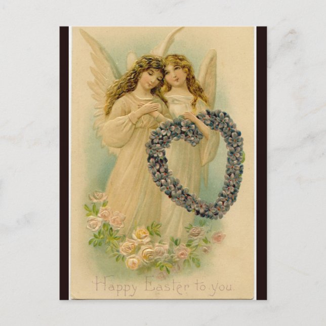Vintage Two Angels With Heart Wrath Easter Postcard (Front)