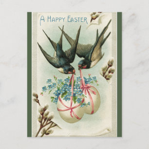 Vintage Two Birds Carrying Easter Eggs Postcard