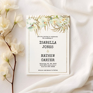 Vintage typewriter font white gold orchid wedding invitation