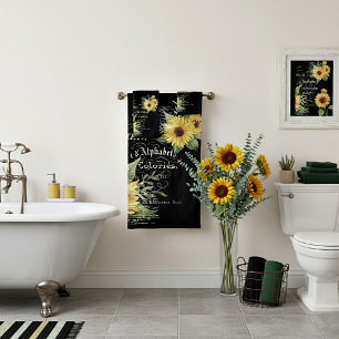 Vintage typography and sunflowers on black bath towel set