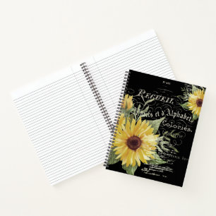 Vintage typography and sunflowers on black notebook