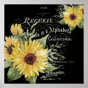 Vintage typography and sunflowers on black poster