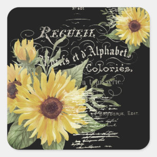 Vintage typography and sunflowers on black square sticker