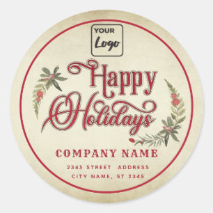 Vintage typography Happy Holidays red holly logo  Classic Round Sticker