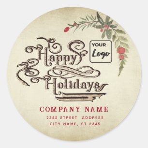 Vintage typography Happy Holidays red holly logo Classic Round Sticker