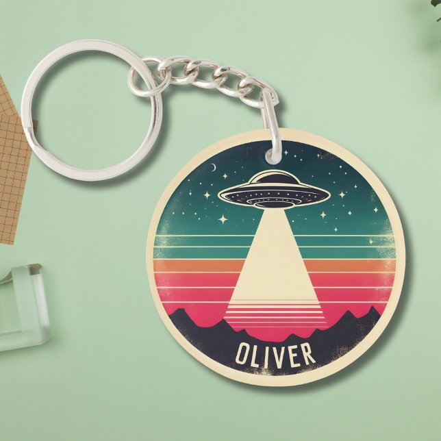 Vintage UFO at Sunset Personalised Key Ring (Creator Uploaded)