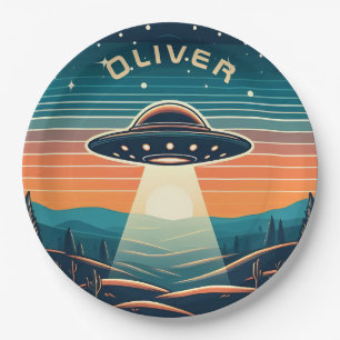 Vintage UFO at Sunset Personalised Paper Plate