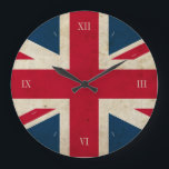 Vintage UK Flag Union Jack British Wall Clock<br><div class="desc">Custom British wall clock featuring a vintage style clock face with Roman numerals and grunge Union Jack UK flag. Hour markings can be customised.</div>