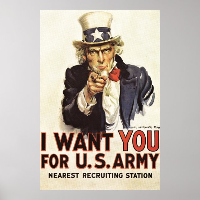 Vintage Uncle Sam I Want You WWI Propaganda USA Poster (Front)