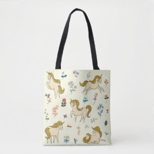 Vintage unicorn in forest flowers color illustrati tote bag