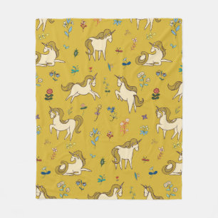 Vintage unicorn in forest flowers pattern fleece blanket