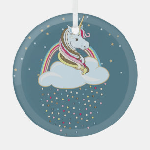 Vintage Unicorn: Rainbow Clouds Illustration Glass Tree Decoration