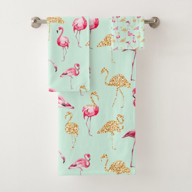 Vintage Unique Girly Pink and Gold Funky Flamingo Bath Towel Set (Insitu)