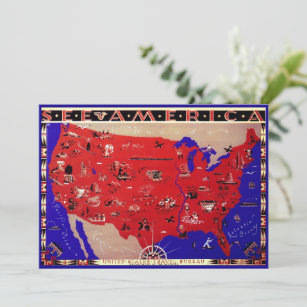 Vintage United States of America Travel Bureau Map Invitation