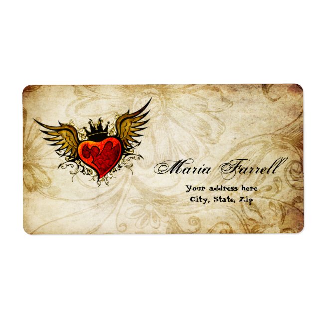 Vintage Urban Tattoo Winged Heart Shipping Label (Front)