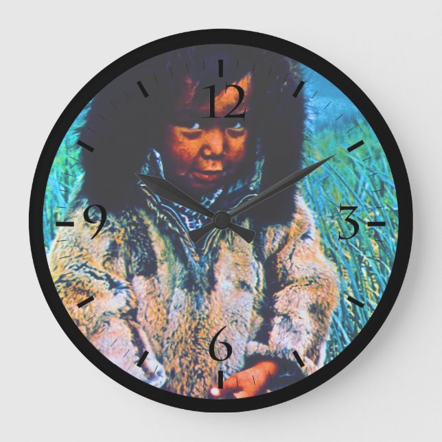 Vintage USA Alaska eskimo boy Large Clock (Front)