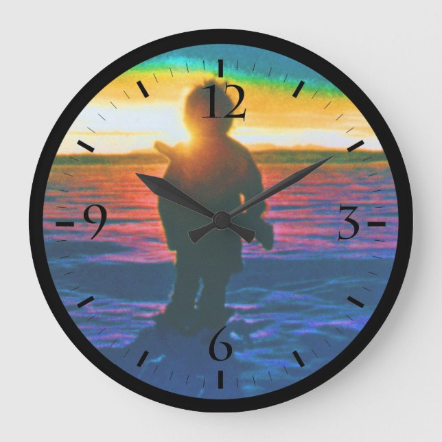 Vintage USA alaska eskimo hunter sunset Large Clock (Front)