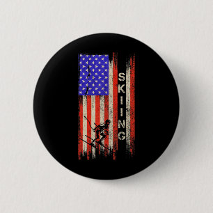 Vintage Usa American Flag Skiing Player Skier Silh 6 Cm Round Badge