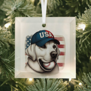 Vintage, USA baseball Labrador Glass Tree Decoration