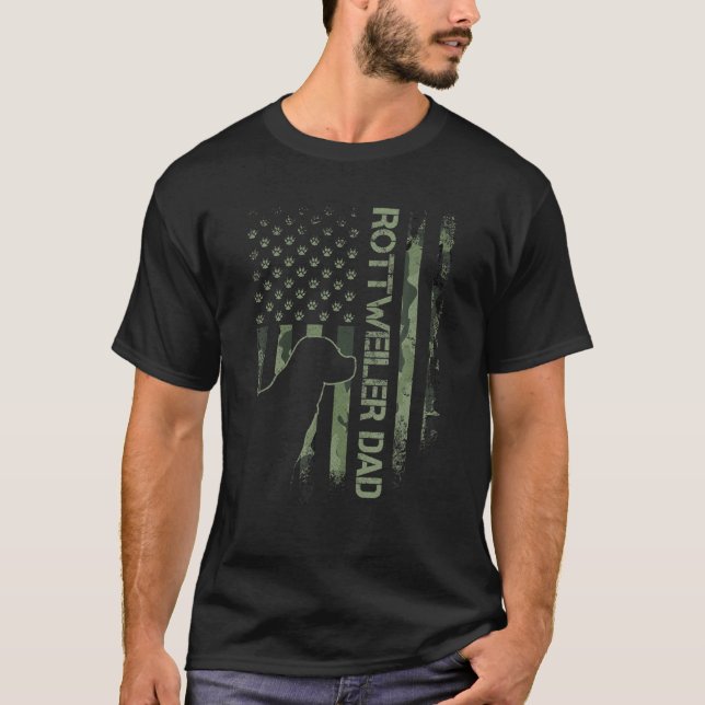 Vintage USA Camo Flag Proud Rottweiler Dad Rottie T-Shirt (Front)