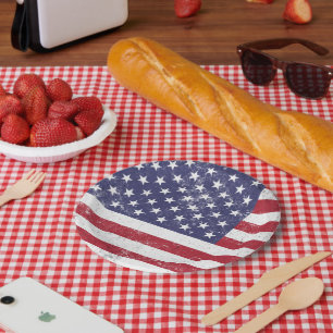 Vintage USA Flag Patriotic American Red White Blue Paper Plate