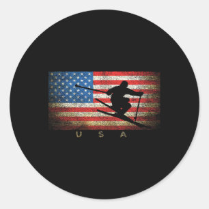 Vintage Usa Skiing American Flag Clic Women Girls  Classic Round Sticker