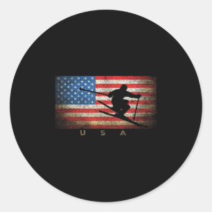 Vintage Usa Skiing American Flag Clic Women Girls Classic Round Sticker