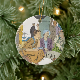 Vintage Vacation, Passengers Cruise Ship on Deck Ceramic Tree Decoration