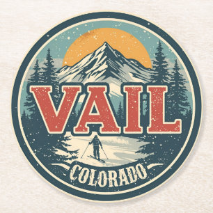 vintage Vail colorado outdoor winter snow ski  Round Paper Coaster