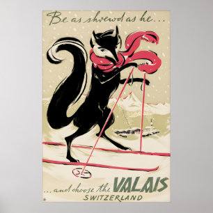 Vintage Valais Switzerland Ski Travel Poster Swiss