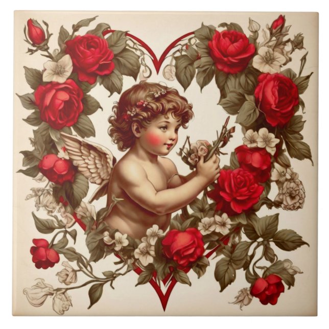 Vintage Valentine art love cupid Ceramic Tile (Front)