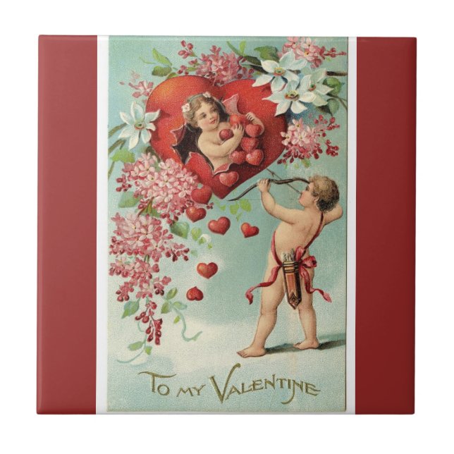 Vintage Valentine Cherubs and Hearts Ceramic Tile (Front)