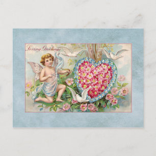 Vintage Valentine Cupid and Floral Heart Holiday Postcard