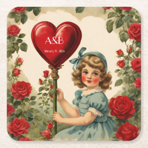 Vintage  Valentine girl -personalized Square Paper Coaster