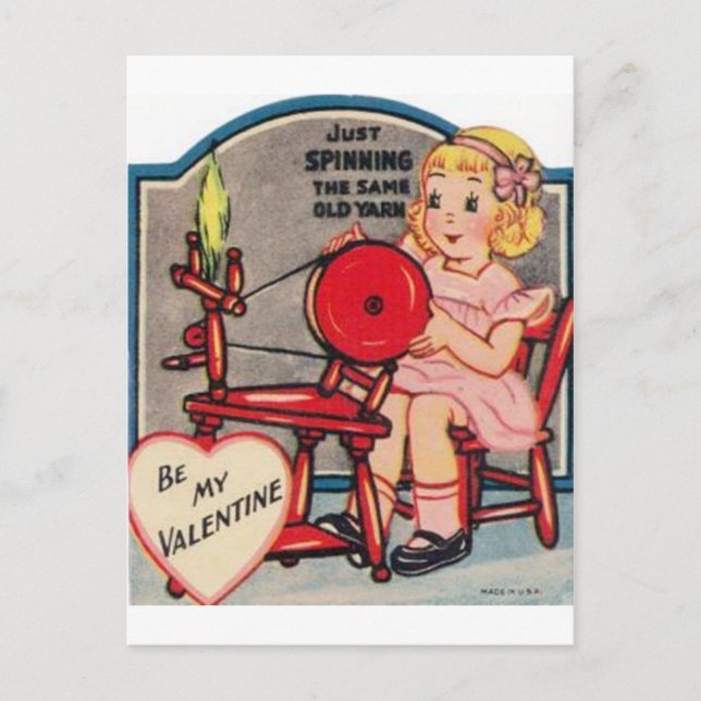 Vintage Valentine Girl Spinning Wool Holiday Postcard (Front)