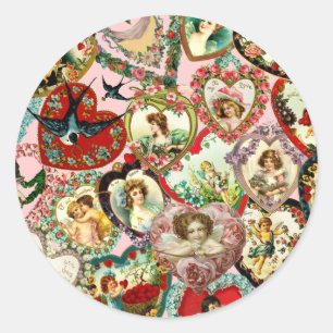 Vintage Valentine Hearts Classic Round Sticker