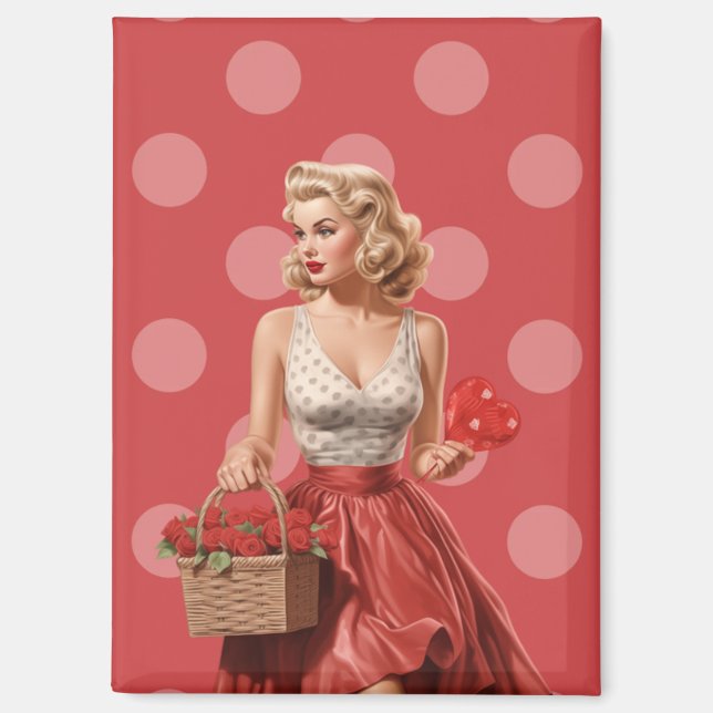 Vintage Valentine Pin-Up Girl with Roses Magnet (Front)