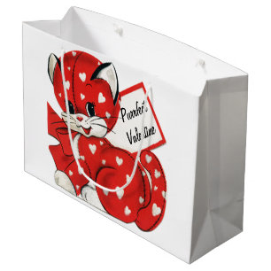 Vintage Valentine Red Cat White Hearts Retro Love Large Gift Bag